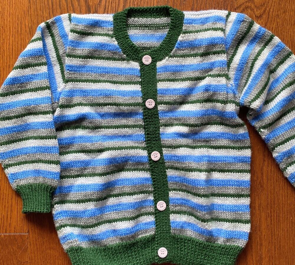 NEW Hand-Knitted Blue/Grey Striped Kids’ Button Cardigan Sweater Size 4-6 Years